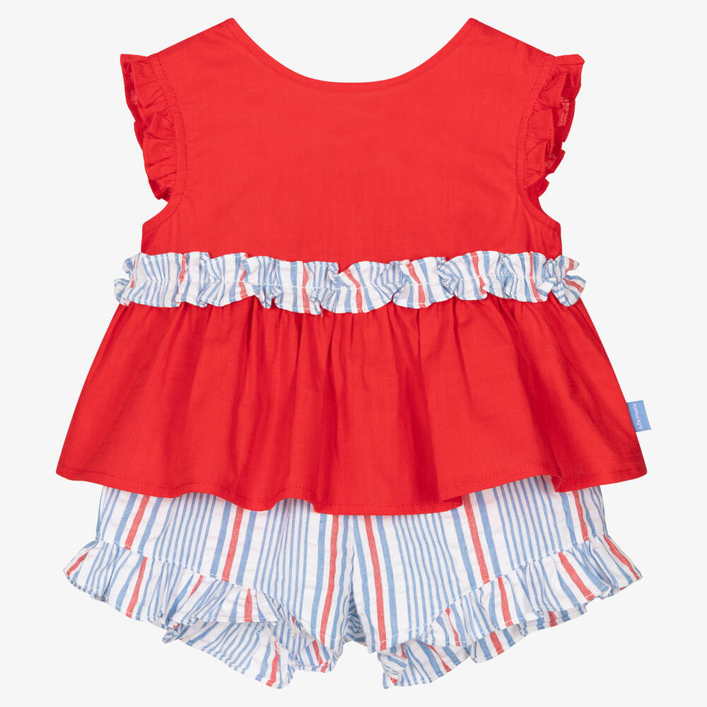 Tutto Piccolo - Girls Blue & Red Cotton Shorts Set | Childrensalon
