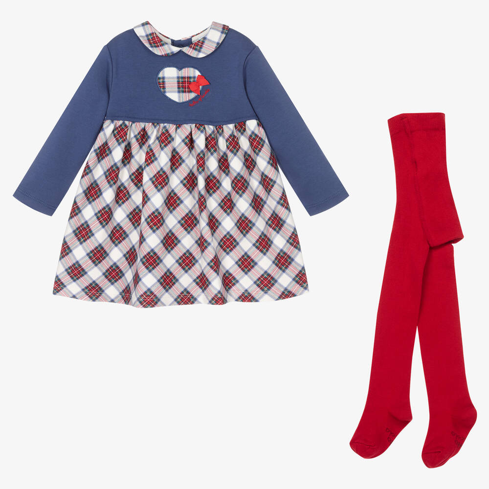 Tutto Piccolo-طقم فستان أطفال بناتي قطن لون أزرق وأحمر | Childrensalon Outlet