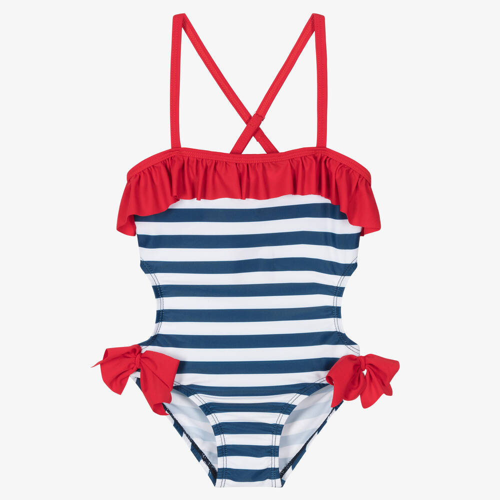 Tutto Piccolo - Girls Blue & Red Stripe Swimsuit | Childrensalon