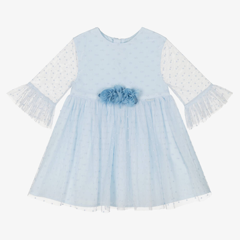 Tutto Piccolo - Girls Blue Spotted Tulle Dress | Childrensalon