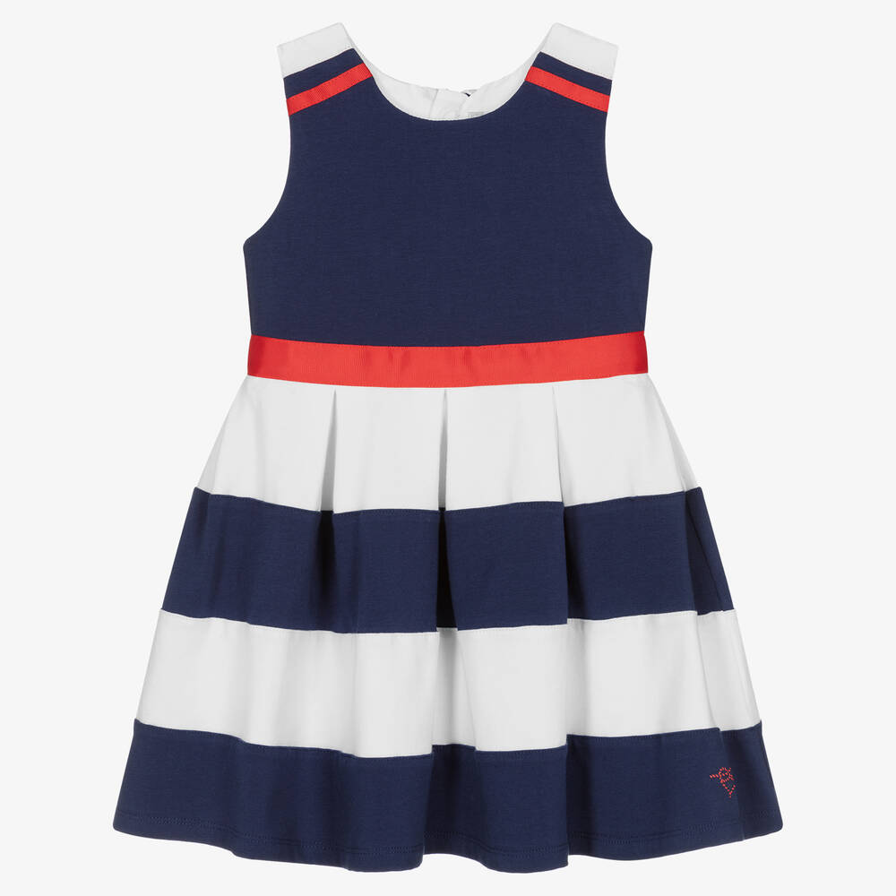 Tutto Piccolo - Girls Blue Stripe Cotton Dress | Childrensalon