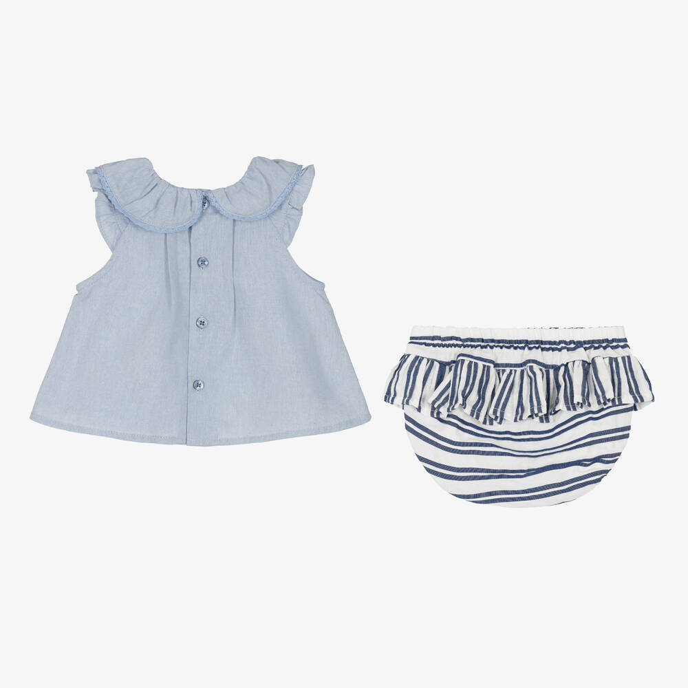 Tutto Piccolo-Girls Blue Striped Cotton Shorts Set | Childrensalon Outlet