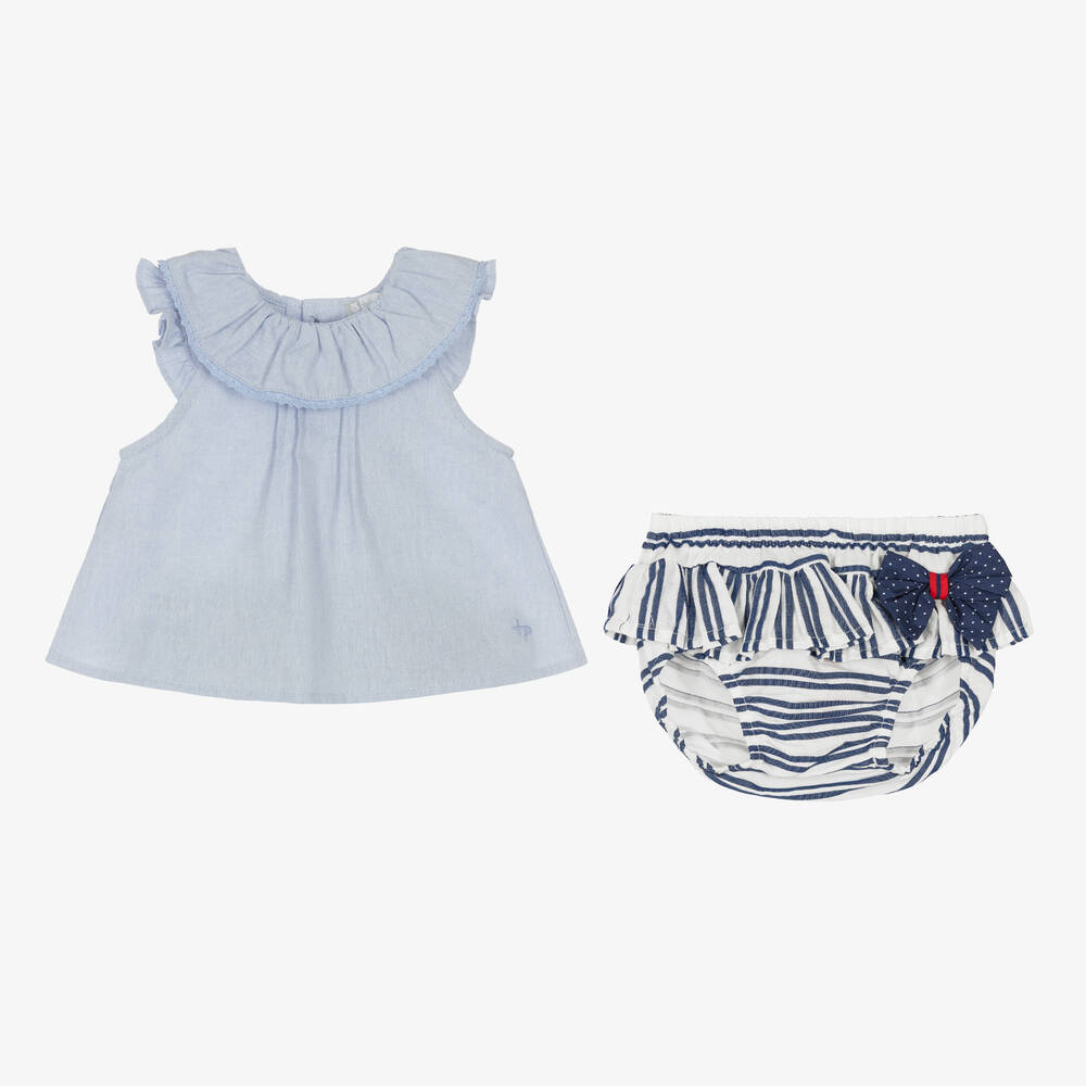 Tutto Piccolo-Girls Blue Striped Cotton Shorts Set | Childrensalon Outlet