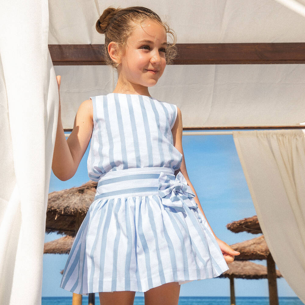 Tutto Piccolo-توب بلا أكمام قطن مقلم لون أزرق وأبيض للبنات | Childrensalon Outlet