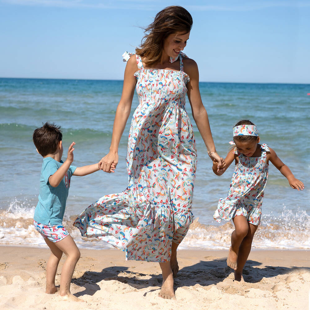 Tutto Piccolo-Girls Blue Tropical Shirred Cotton Dress | Childrensalon Outlet