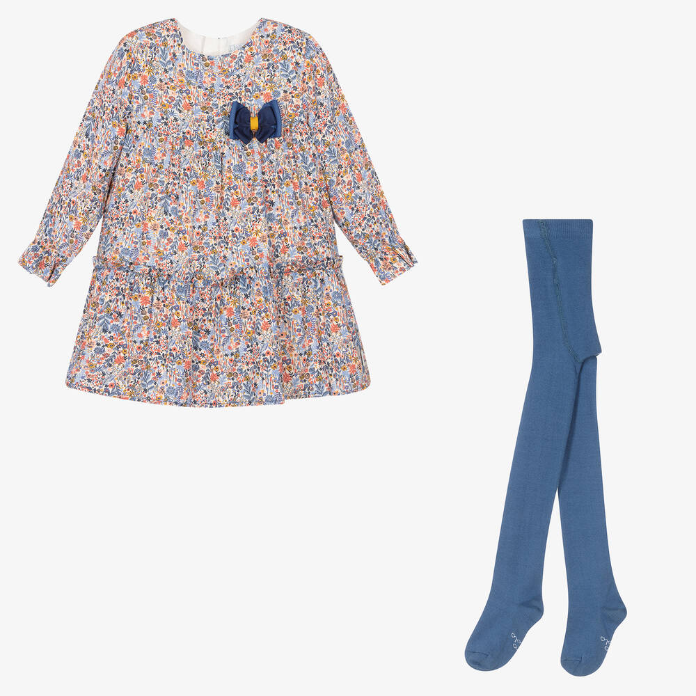 Tutto Piccolo - Set aus Viskosekleid und blauer Strumpfhose für Mädchen | Childrensalon
