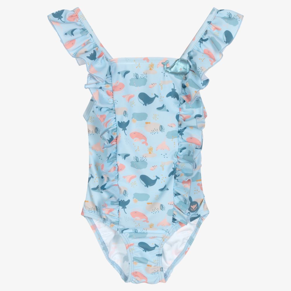 Tutto Piccolo - Girls Blue Whales Swimsuit | Childrensalon
