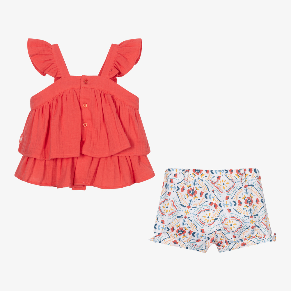 Tutto Piccolo-طقم شورت وتوب قطن لون أبيض وأحمر للبنات | Childrensalon Outlet