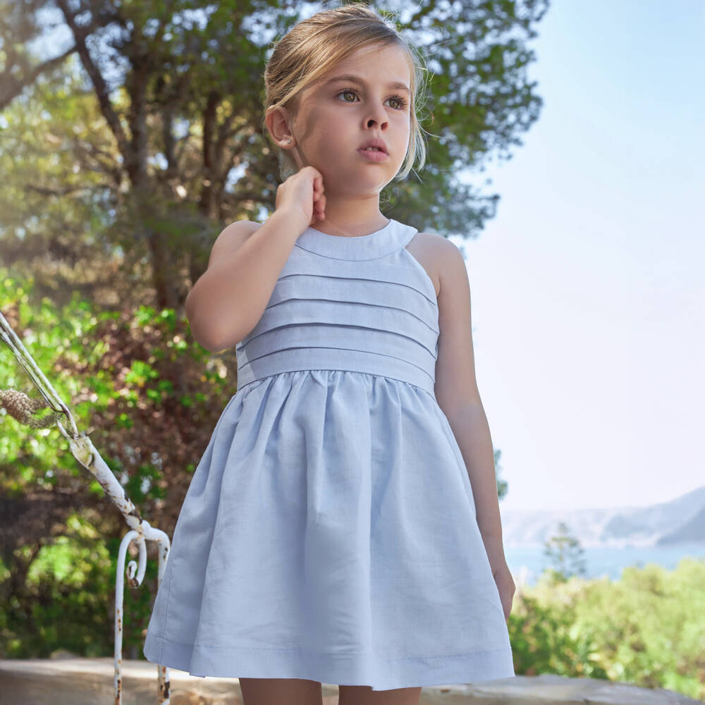 Tutto Piccolo-Girls Elegant Blue Linen Dress | Childrensalon Outlet