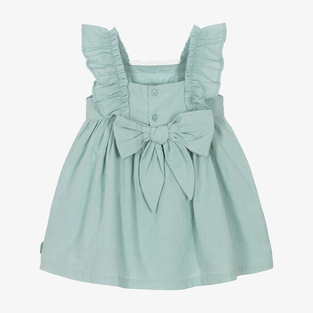 Tutto Piccolo-Girls Emerald Cotton & Delicate Lace Dress | Childrensalon Outlet