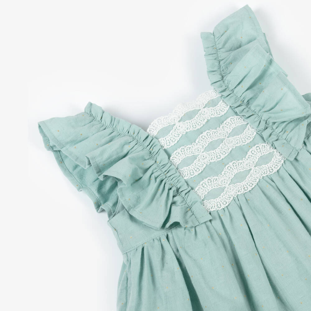Tutto Piccolo-Girls Emerald Cotton & Delicate Lace Dress | Childrensalon Outlet