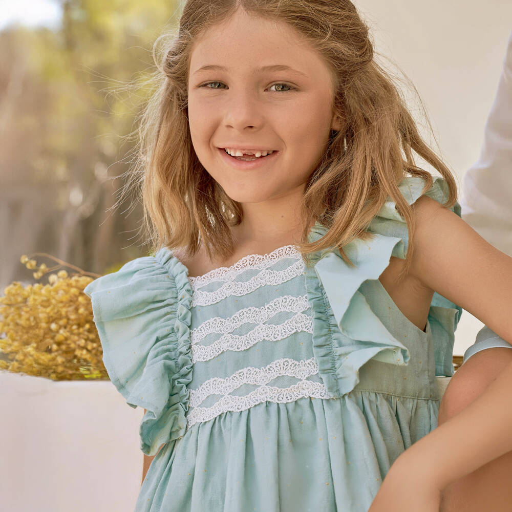 Tutto Piccolo-Girls Emerald Cotton & Delicate Lace Dress | Childrensalon Outlet