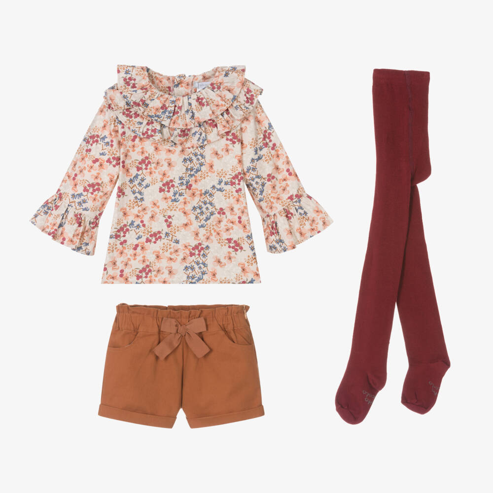 Tutto Piccolo-Girls Floral Beige Cotton Outfit Set | Childrensalon Outlet