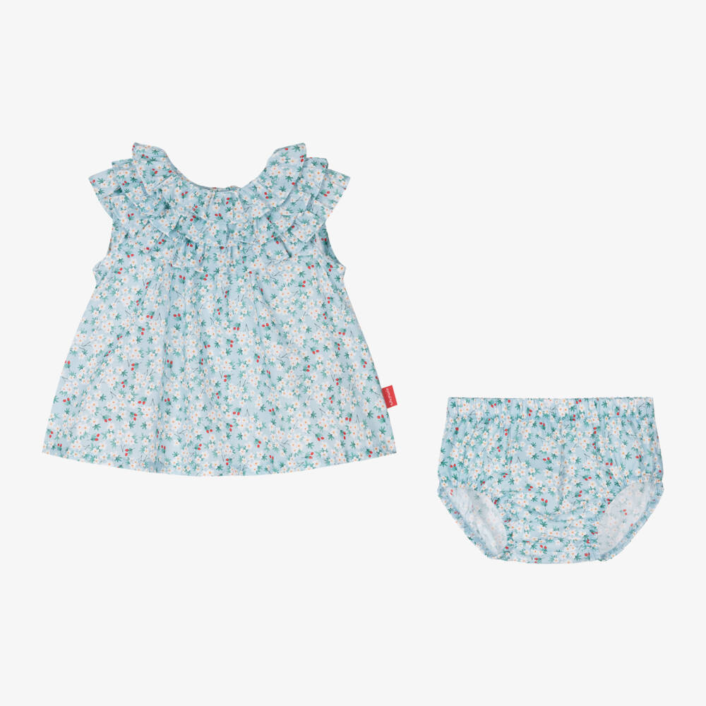 Tutto Piccolo-Girls Floral Blue Cotton Ensemble | Childrensalon Outlet