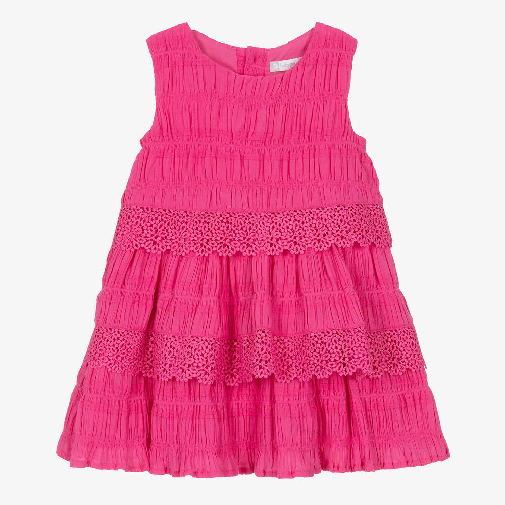 Tutto Piccolo-Girls Fuchsia Pink Shirred Cotton Dress | Childrensalon Outlet