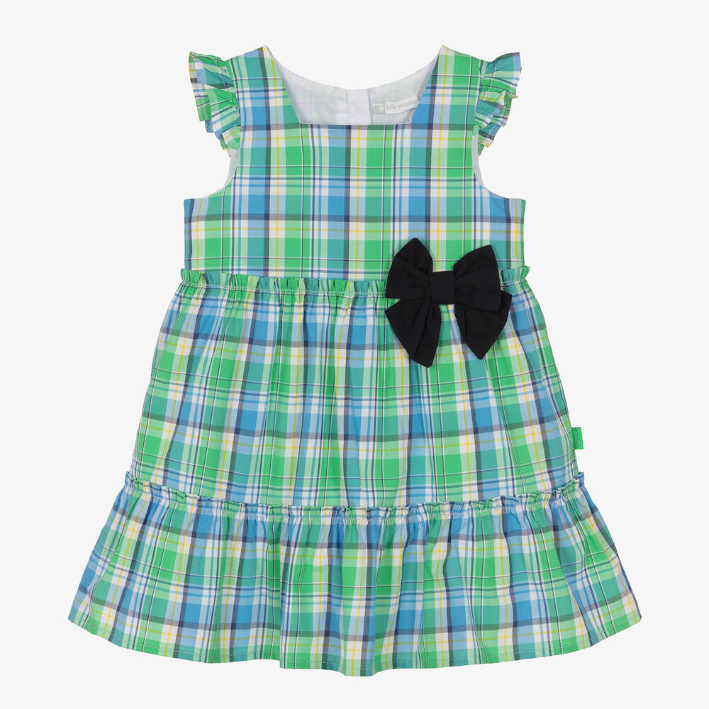 Tutto Piccolo - Girls Green & Blue Cotton Check Dress | Childrensalon