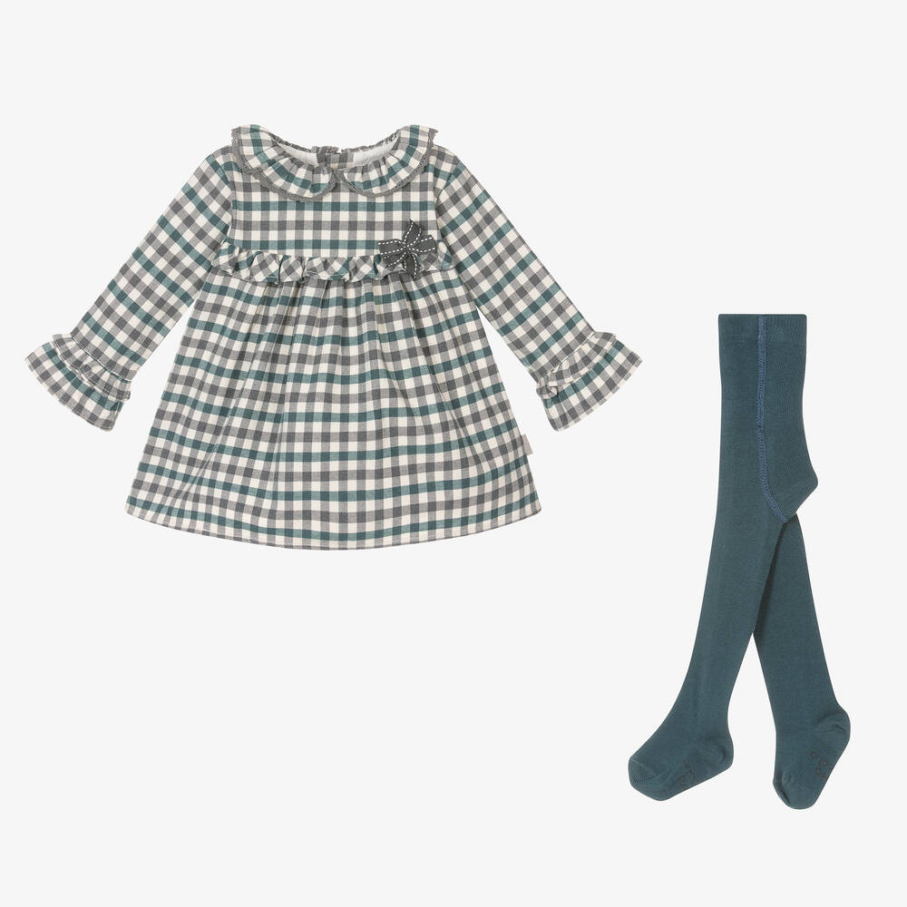 Tutto Piccolo - Set aus kariertem Kleid und grüner Strumpfhose für Mädchen | Childrensalon