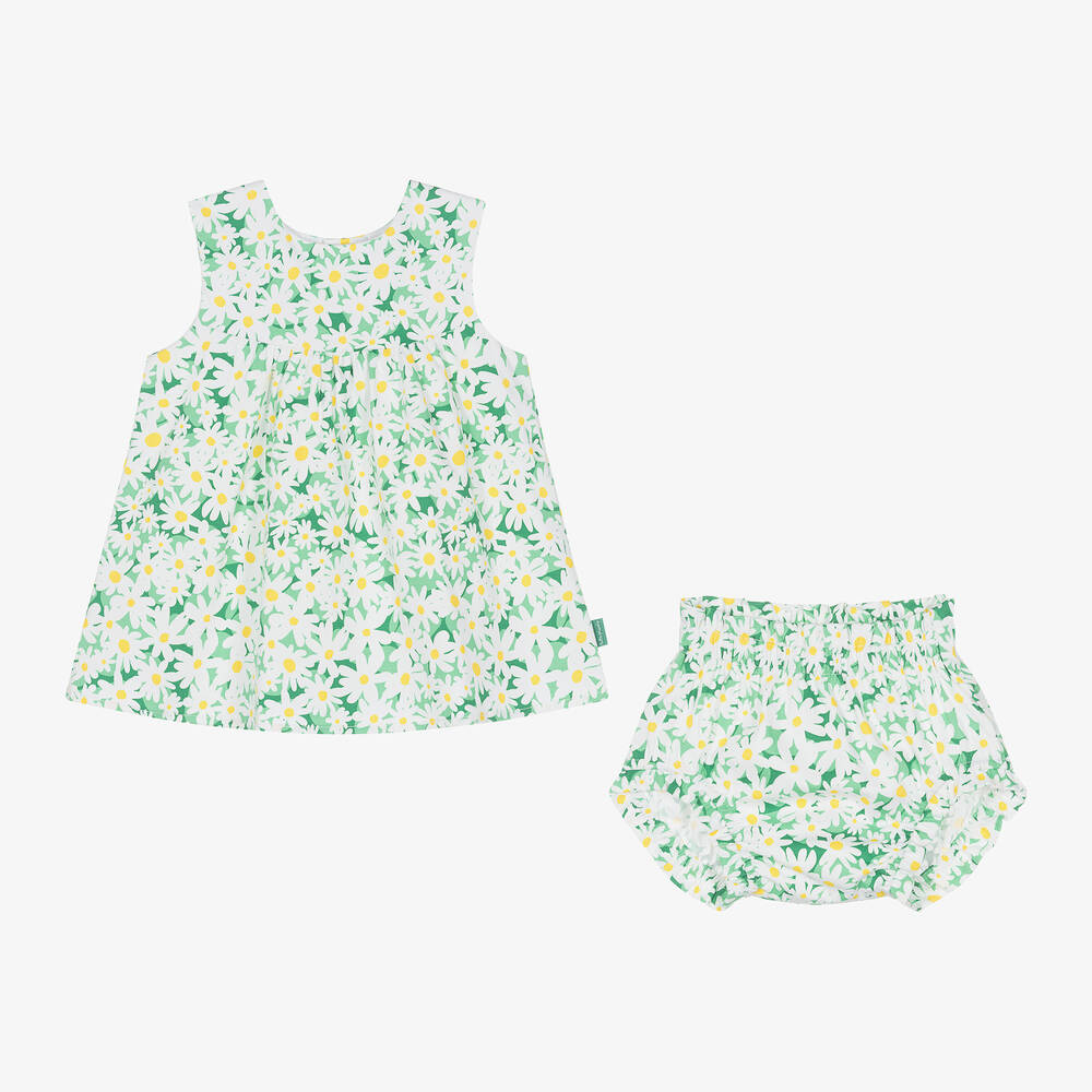 Tutto Piccolo-Girls Green Daisy Print Cotton Dress | Childrensalon Outlet