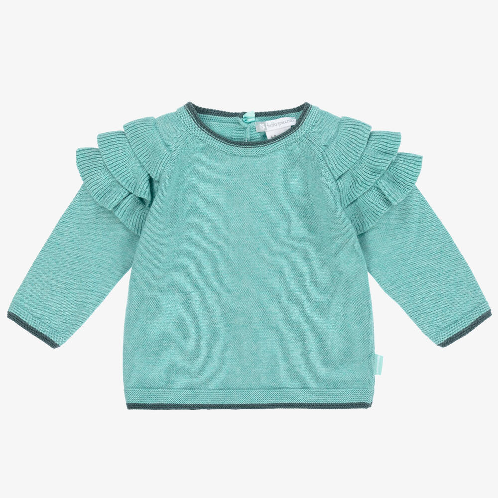 Tutto Piccolo - Girls Green Frill Sweater | Childrensalon
