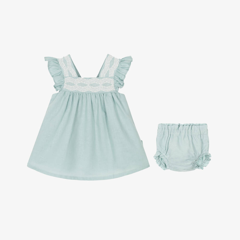 Tutto Piccolo-Girls' Green Linen Ensemble with Bonnet | Childrensalon Outlet