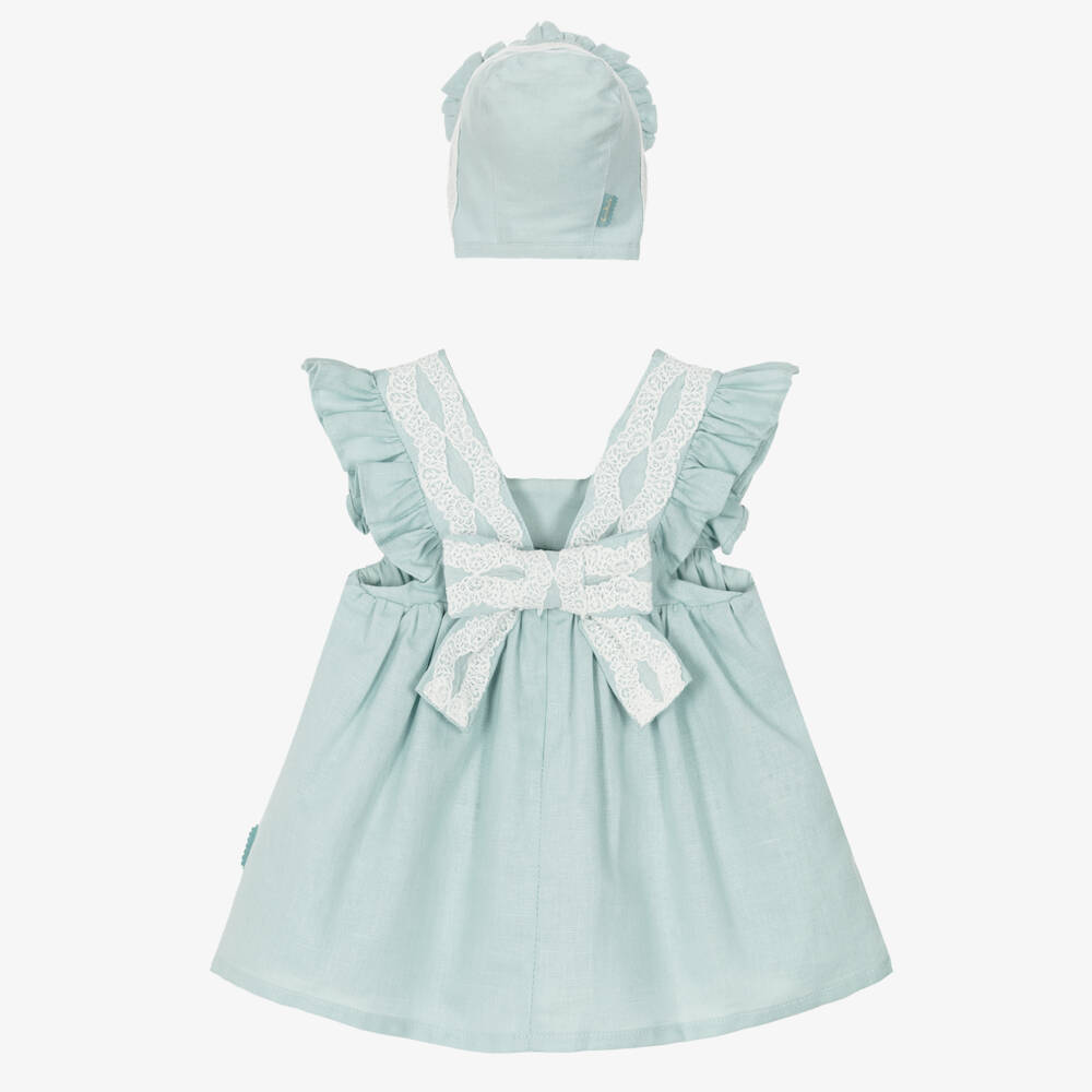 Tutto Piccolo-Girls' Green Linen Ensemble with Bonnet | Childrensalon Outlet