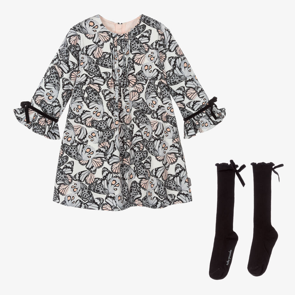 Tutto Piccolo-Серое платье с бабочками и носки для девочек | Childrensalon Outlet