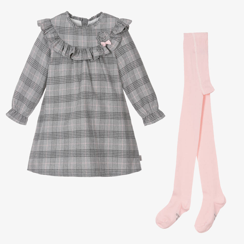 Tutto Piccolo - Girls Grey Check Cotton Dress Set | Childrensalon