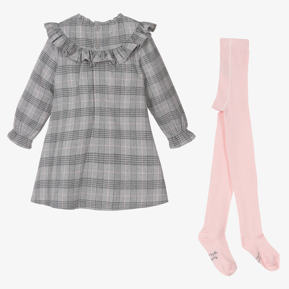 Tutto Piccolo-Серое платье в клетку и колготки из хлопка | Childrensalon Outlet