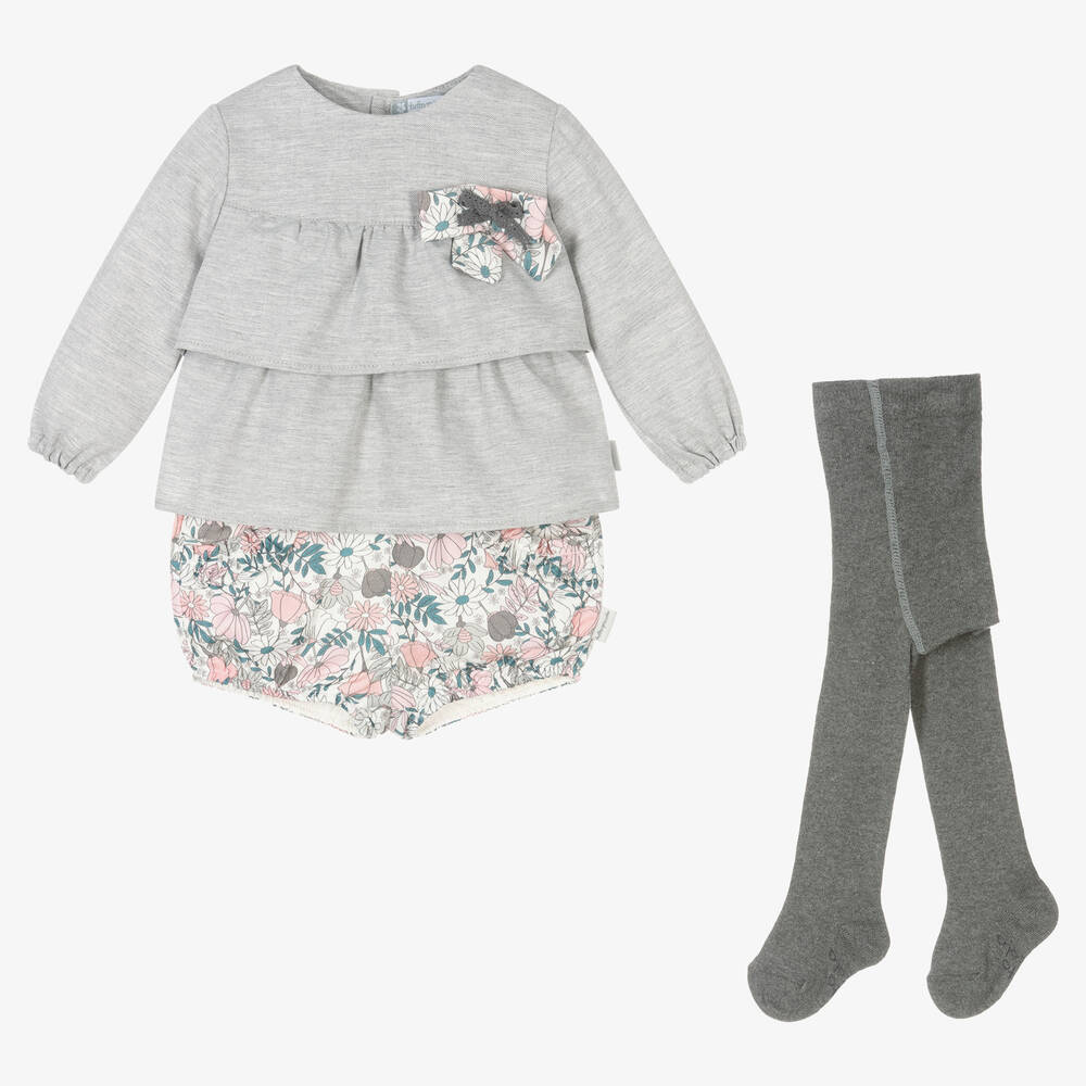 Tutto Piccolo - Girls Grey Floral Shorts Set | Childrensalon
