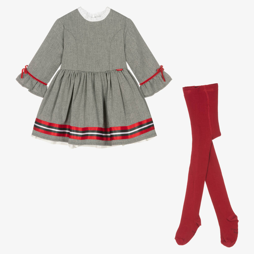 Tutto Piccolo - طقم فستان وكولون قطن ولوريكس لون رمادي وأحمر | Childrensalon