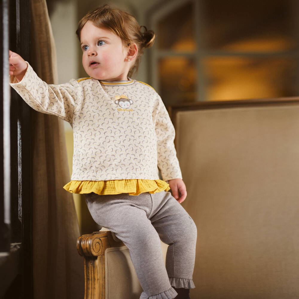 Tutto Piccolo-طقم ليغنغز قطن لون عاجي ورمادي للبنات | Childrensalon Outlet