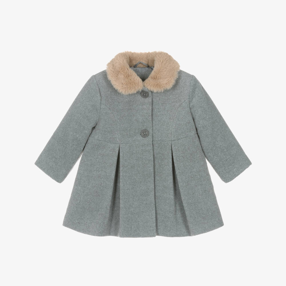 Tutto Piccolo-Girls Grey Pleated Coat with Faux Fur Collar | Childrensalon Outlet