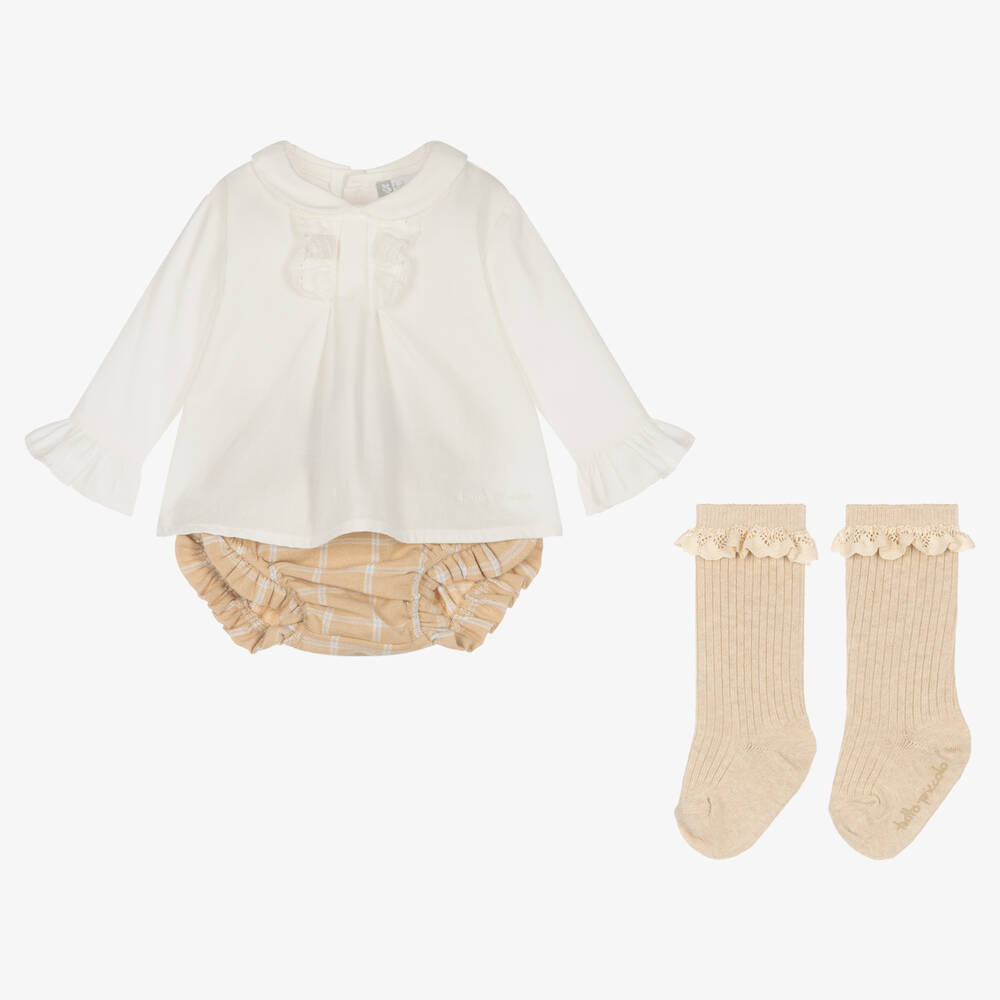 Tutto Piccolo - Girls Ivory & Beige Cotton Shorts Set | Childrensalon
