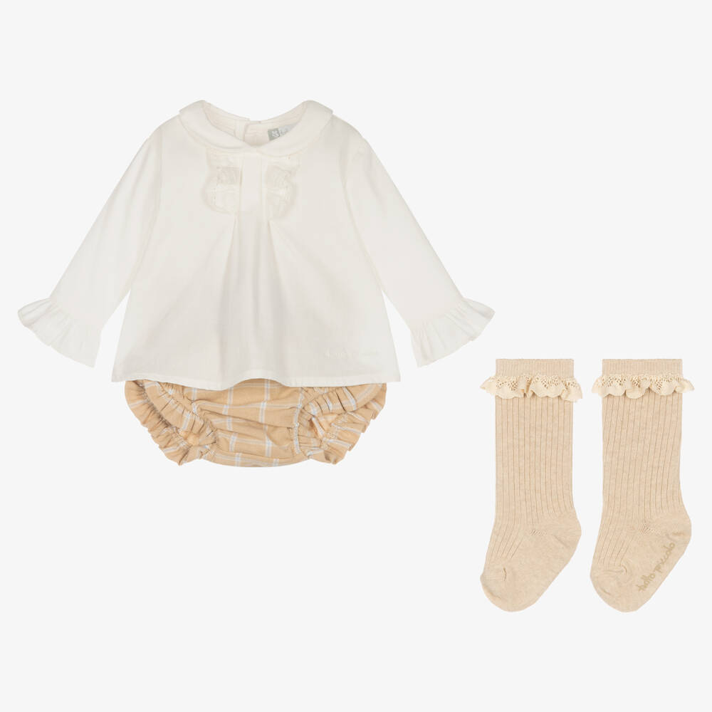 Tutto Piccolo-Girls Ivory & Beige Cotton Shorts Set | Childrensalon Outlet