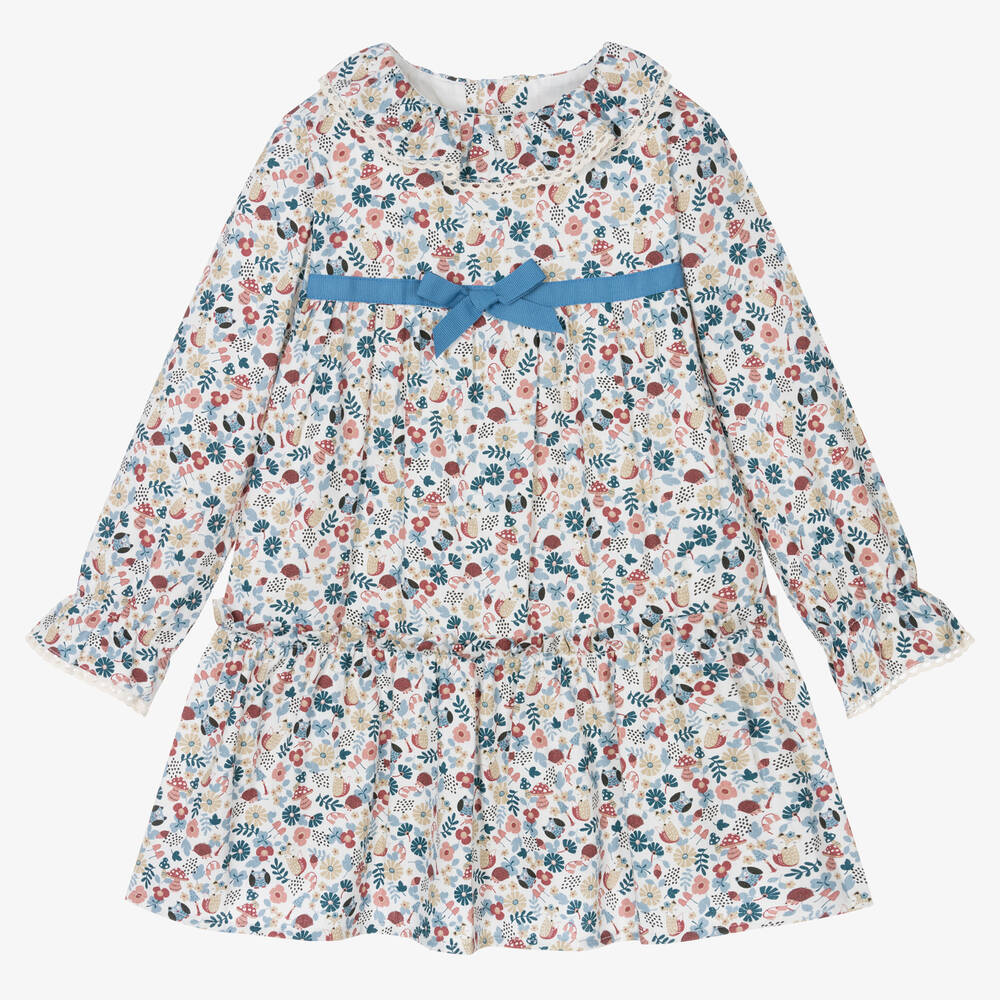Tutto Piccolo - فستان بطبعة ورود قطن لون عاجي وأزرق | Childrensalon