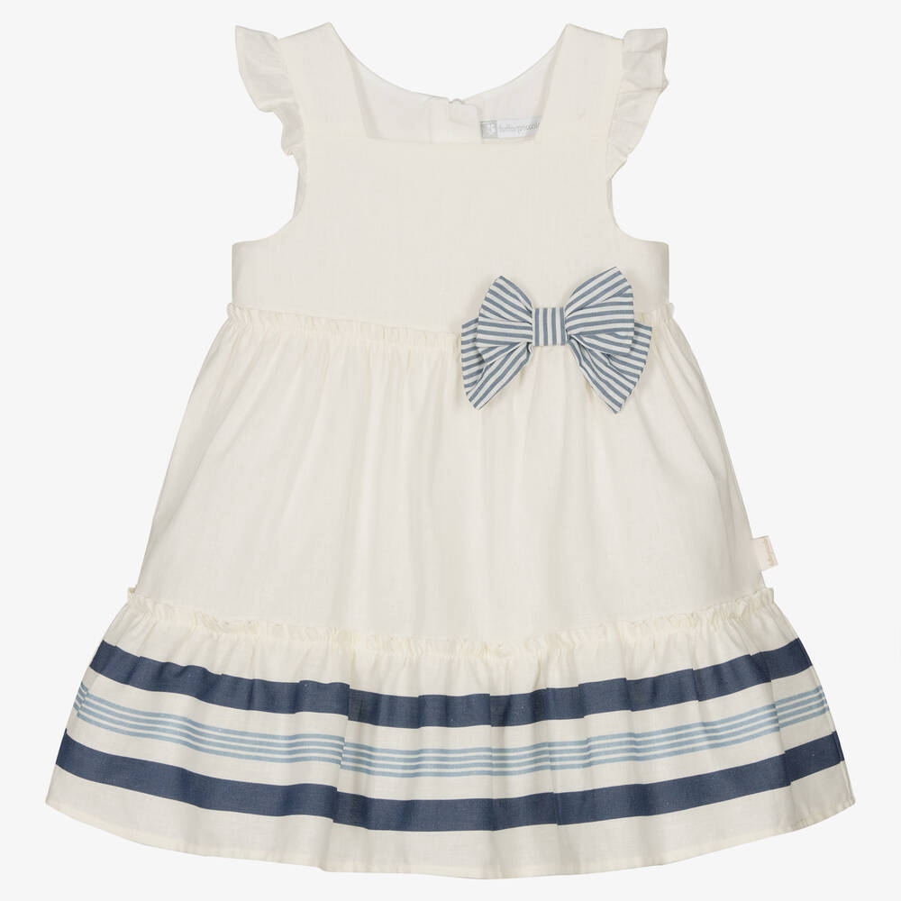 Tutto Piccolo - Girls Ivory & Blue Stripe Dress | Childrensalon