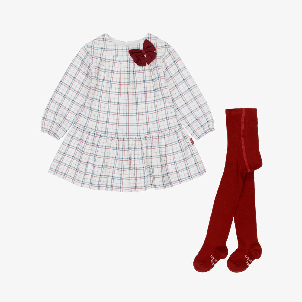 Tutto Piccolo-Girls Ivory Checked Dress & Red Tights Set | Childrensalon Outlet