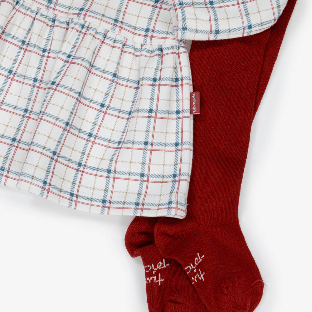 Tutto Piccolo-Girls Ivory Checked Dress & Red Tights Set | Childrensalon Outlet
