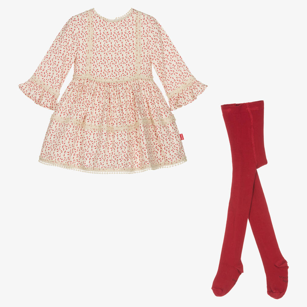 Tutto Piccolo-Girls Ivory Cherry Dress & Tights Set | Childrensalon Outlet