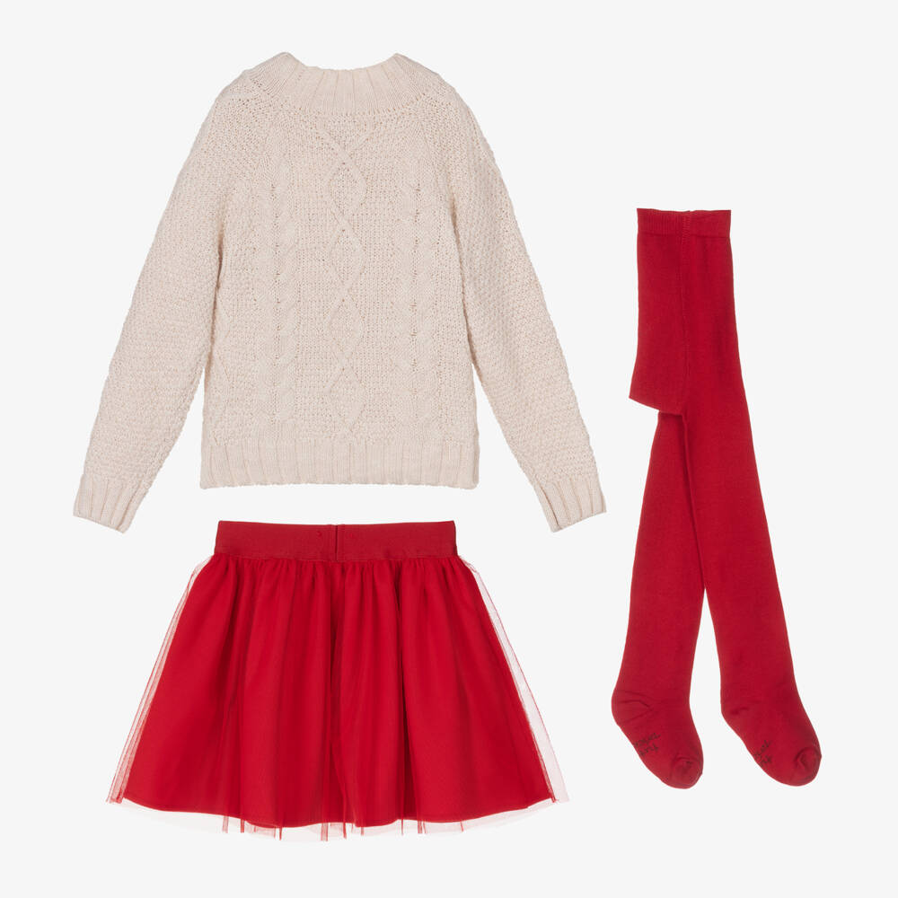 Tutto Piccolo-Girls Ivory Jumper & Red Skirt Set | Childrensalon Outlet