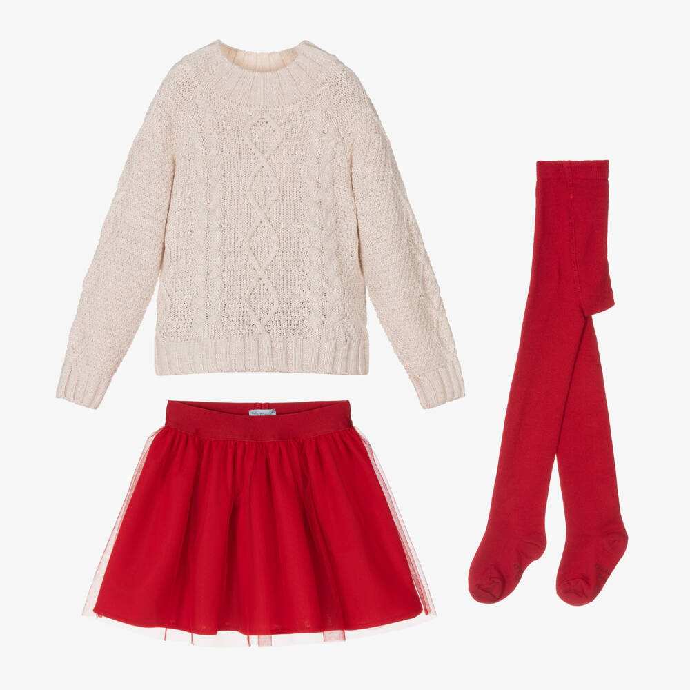 Tutto Piccolo-Girls Ivory Jumper & Red Skirt Set | Childrensalon Outlet
