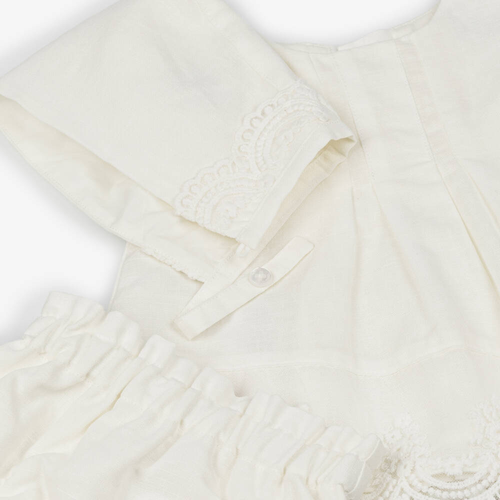 Tutto Piccolo-Кремовый льняной комплект с чепчиком для девочек | Childrensalon Outlet