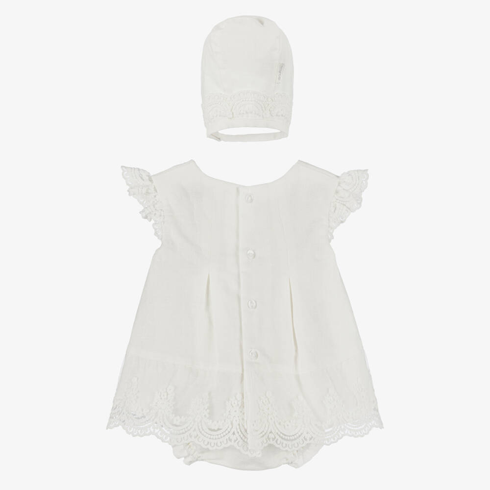 Tutto Piccolo-Кремовый льняной комплект с чепчиком для девочек | Childrensalon Outlet