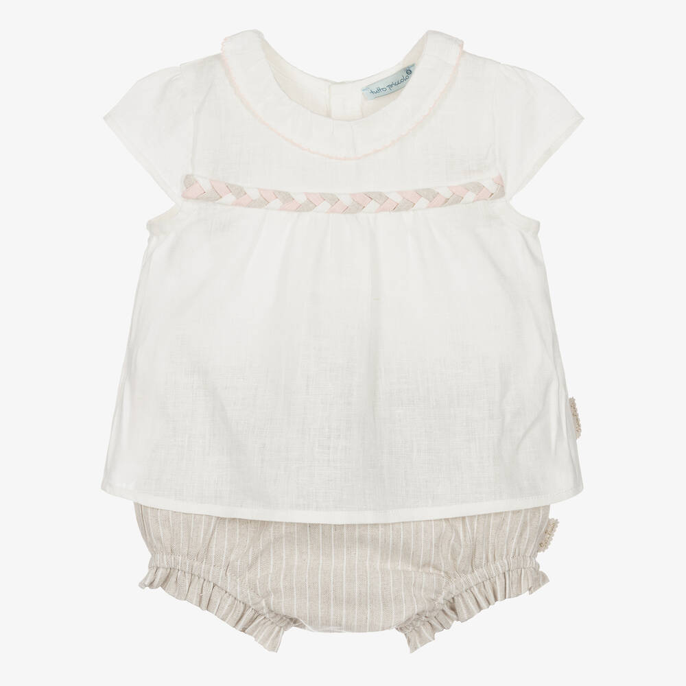Tutto Piccolo-طقم شورت أطفال بناتي كتان لون عاجي | Childrensalon Outlet