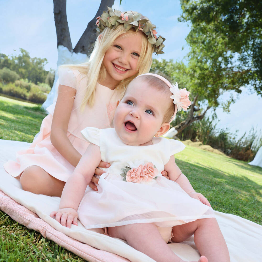 Tutto Piccolo-Girls Ivory & Peach Pink Dress with Floral Corsage | Childrensalon Outlet