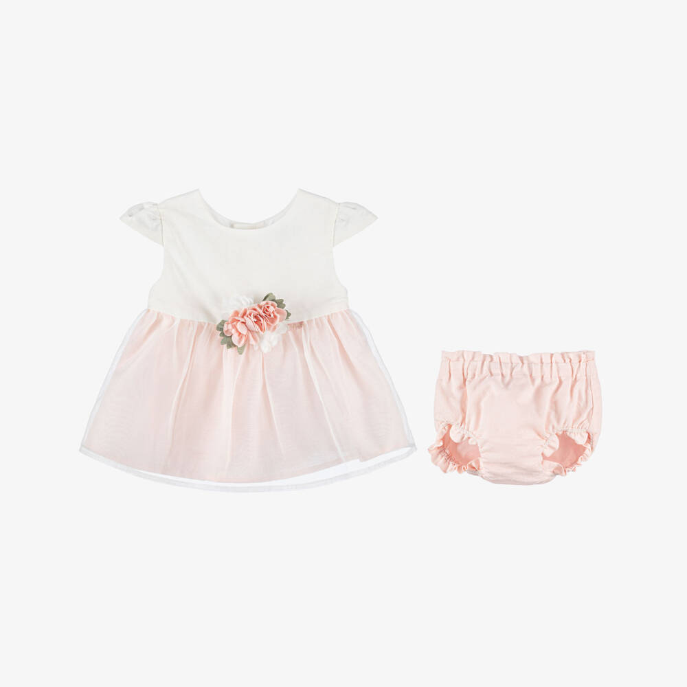 Tutto Piccolo-Girls Ivory & Peach Pink Dress with Floral Corsage | Childrensalon Outlet