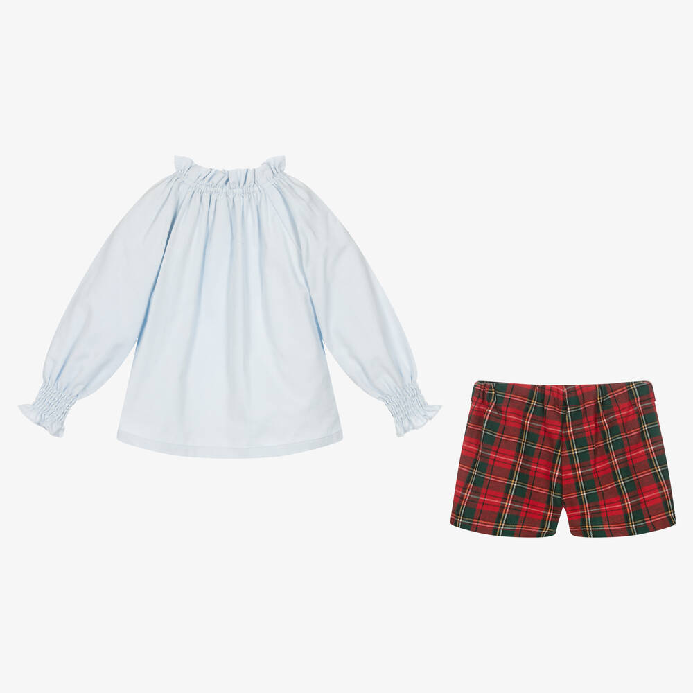 Tutto Piccolo-طقم شورت قطن تارتان لون أزرق فاتح وأحمر | Childrensalon Outlet
