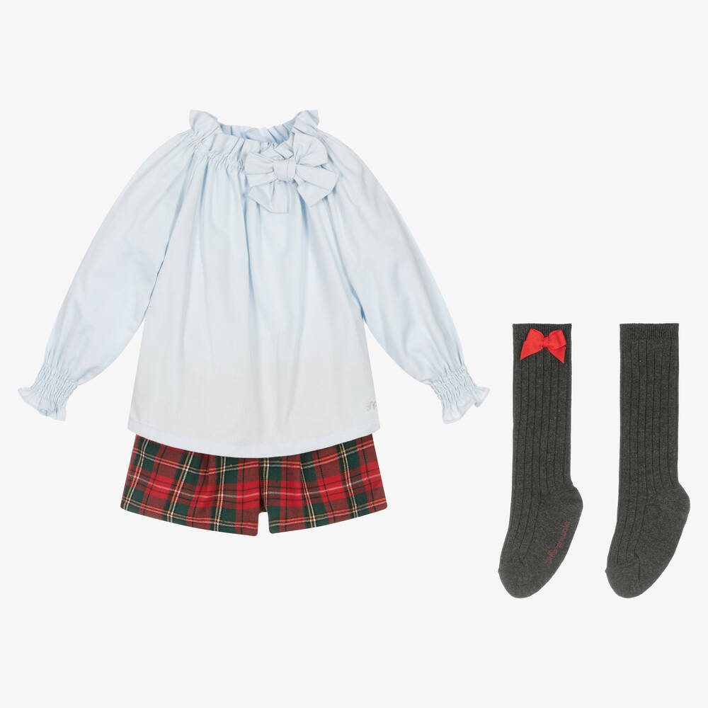 Tutto Piccolo - Girls Light Blue & Red Tartan Shorts Set  | Childrensalon