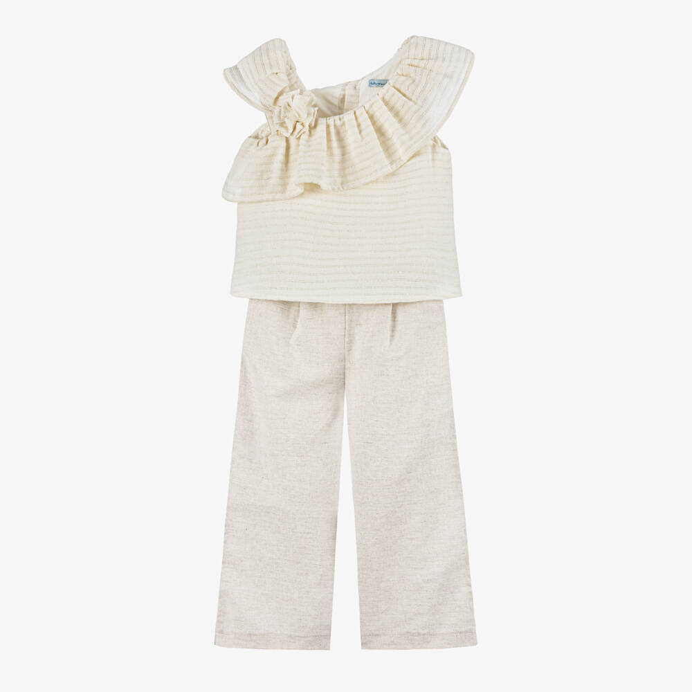 Tutto Piccolo-Girls Linen & Cotton Ivory Ensemble | Childrensalon Outlet