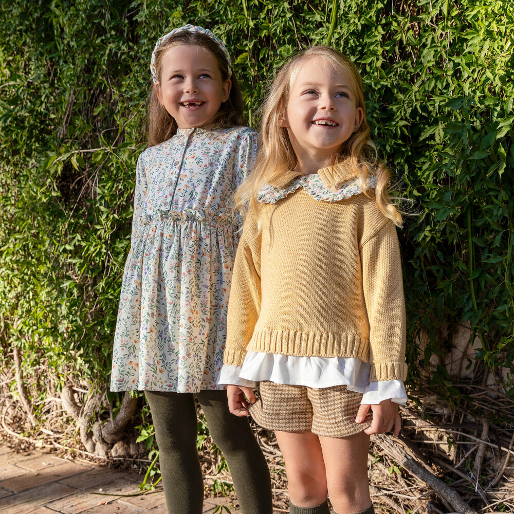 Tutto Piccolo-Girls Mustard Yellow Sweater & Beige Shorts Set with Tights | Childrensalon Outlet